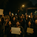 Protestujący świętujący w New Delhi po ogłoszeniu dymisji ministra edukacji