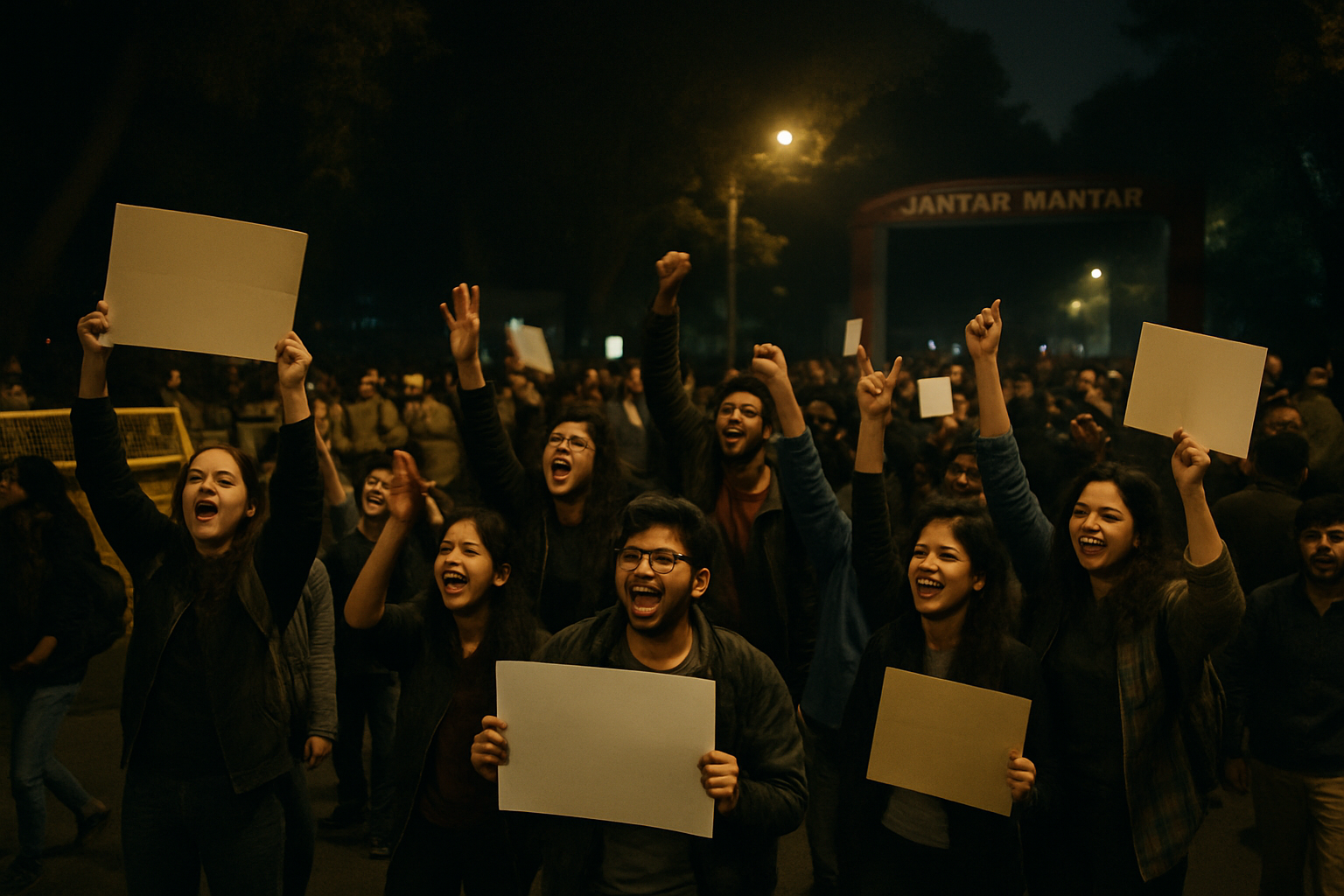 Protestujący świętujący w New Delhi po ogłoszeniu dymisji ministra edukacji