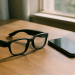 Inteligentne okulary leżące na drewnianym biurku obok smartfona