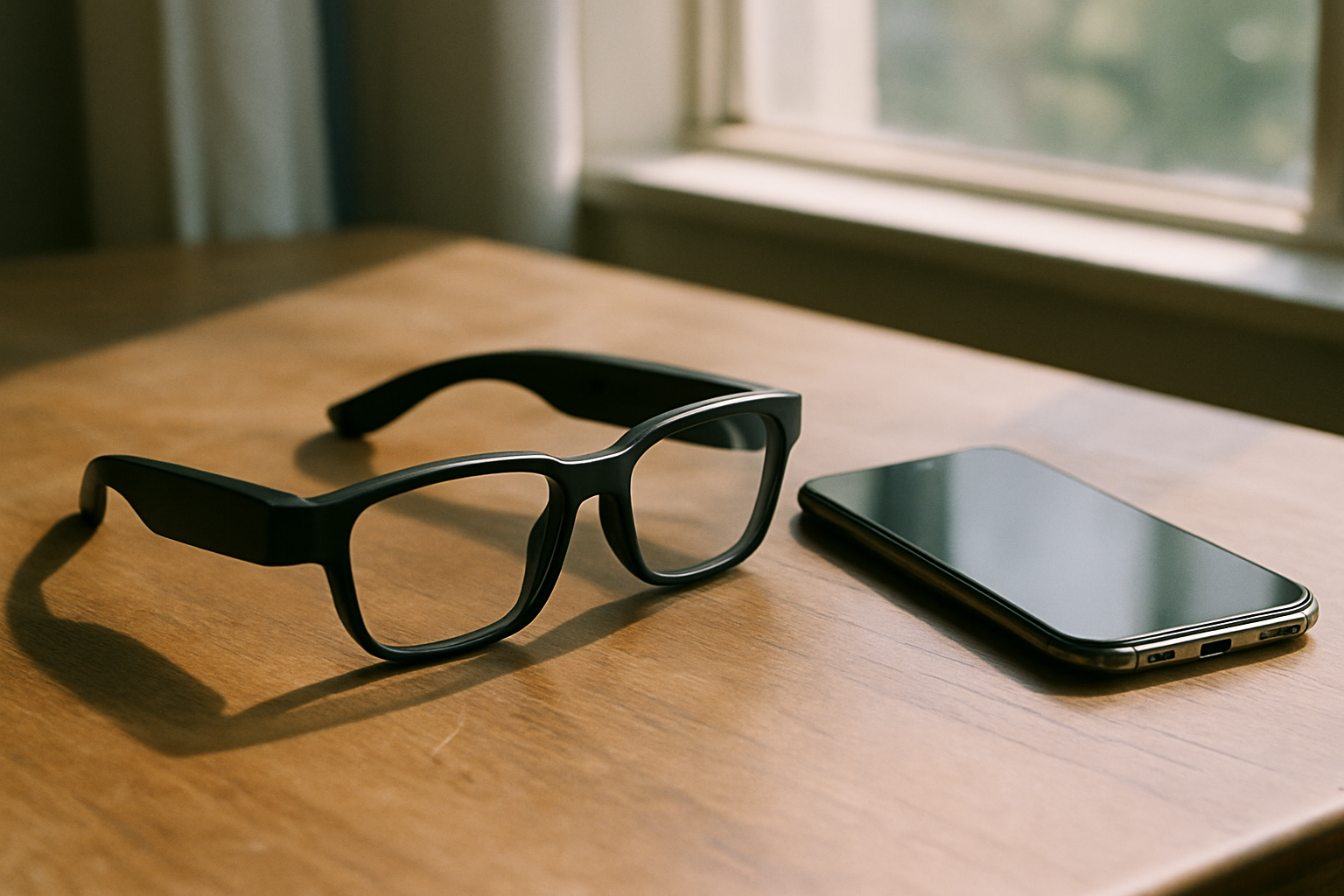 Inteligentne okulary leżące na drewnianym biurku obok smartfona
