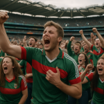 Kibice i zawodnicy na stadionie Croke Park celebrujący zwycięstwo Mayo w finale All-Ireland