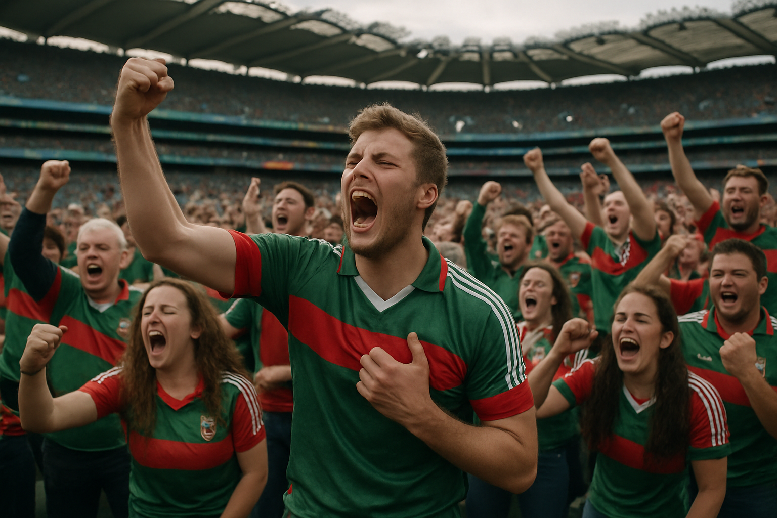 Kibice i zawodnicy na stadionie Croke Park celebrujący zwycięstwo Mayo w finale All-Ireland