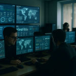 Inżynierowie ds. cyberbezpieczeństwa analizujący dane na monitorach w centrum operacyjnym