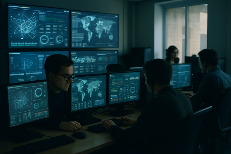 Inżynierowie ds. cyberbezpieczeństwa analizujący dane na monitorach w centrum operacyjnym