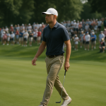Młody golfista na zielonym polu golfowym podczas turnieju