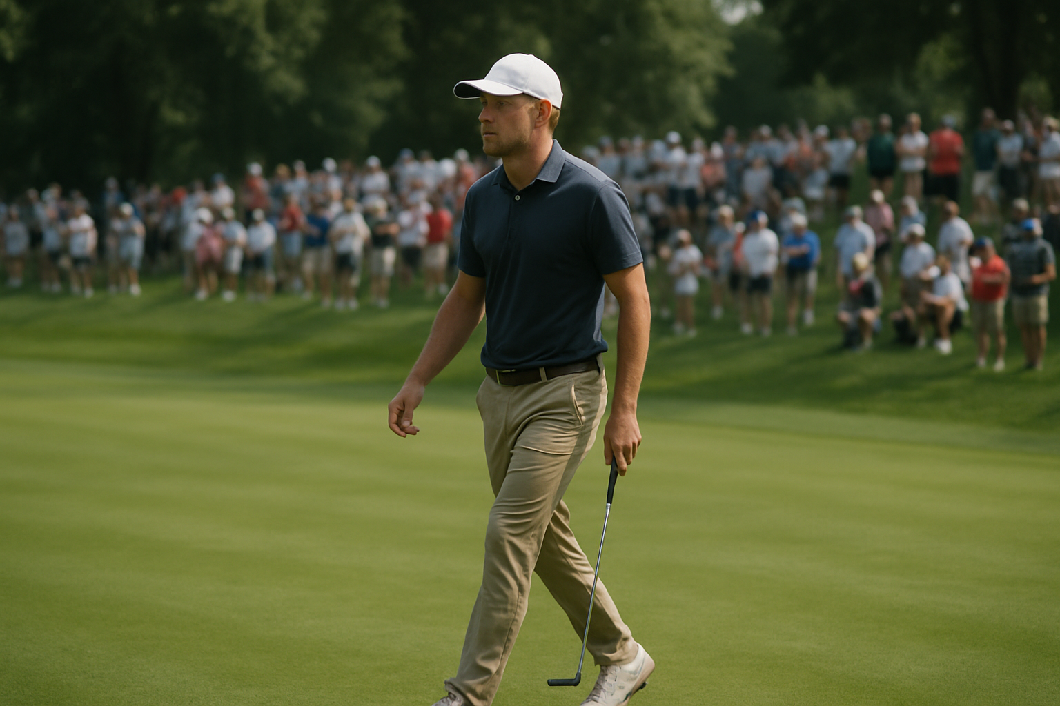 Młody golfista na zielonym polu golfowym podczas turnieju
