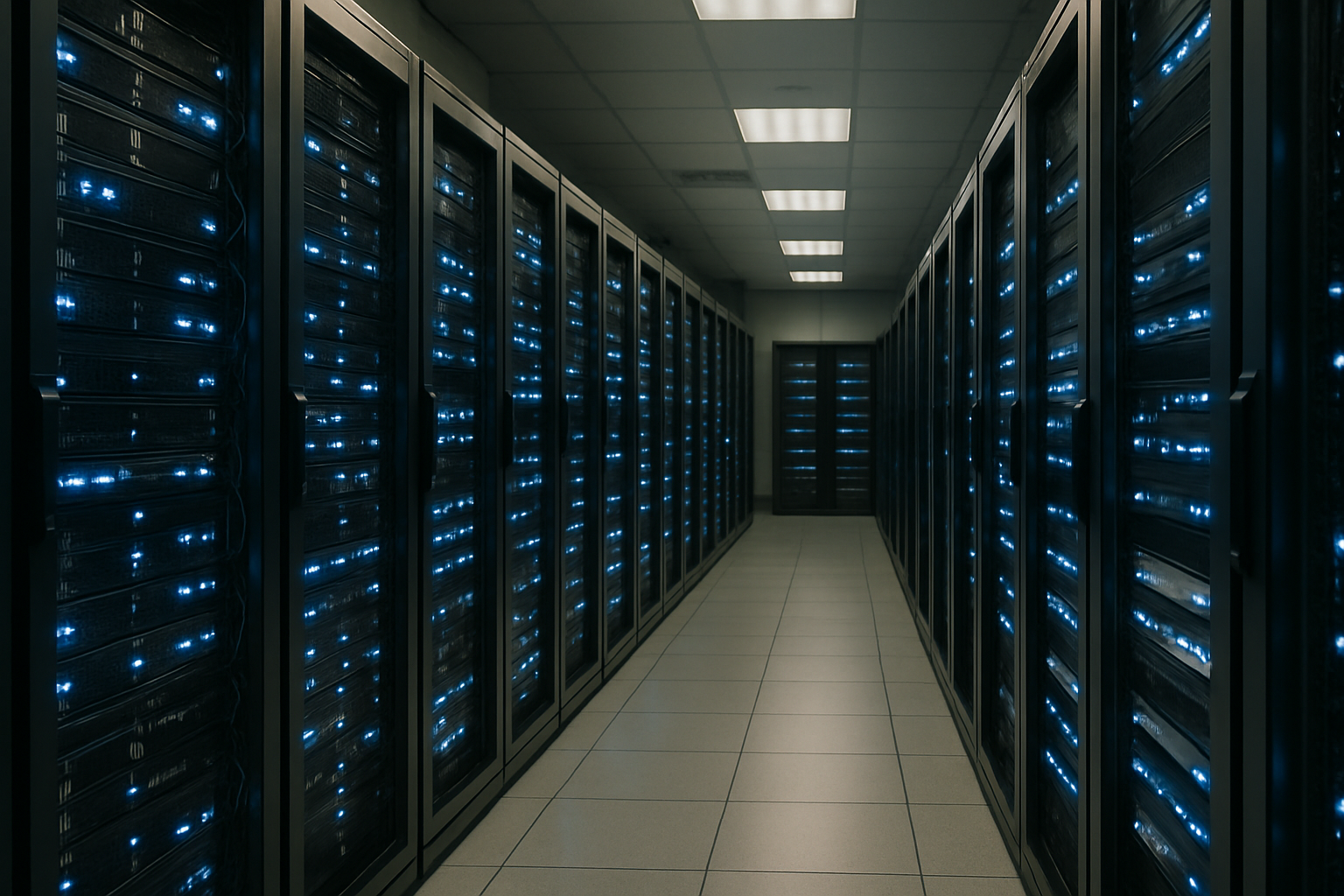 Nowoczesna serwerownia symbolizująca infrastrukturę sztucznej inteligencji i cyberbezpieczeństwo
