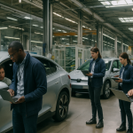 Inżynierowie pracujący nad autonomicznymi technologiami pojazdów elektrycznych w nowoczesnym zakładzie