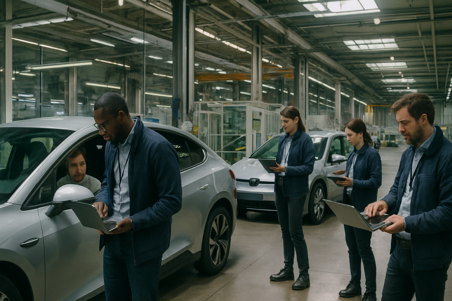 Inżynierowie pracujący nad autonomicznymi technologiami pojazdów elektrycznych w nowoczesnym zakładzie