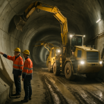 Podziemny plac budowy tunelu z inżynierami w odzieży ochronnej
