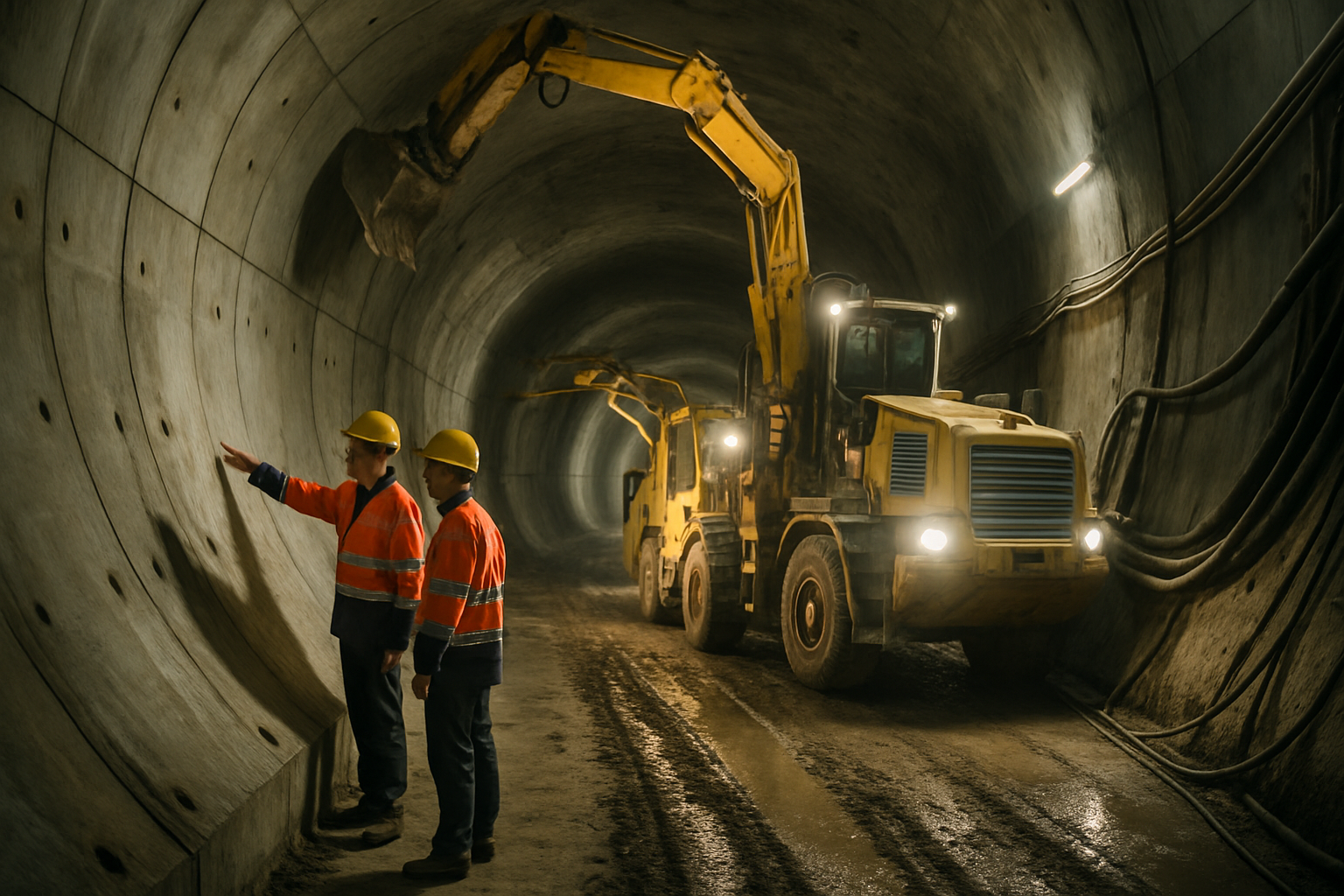 Podziemny plac budowy tunelu z inżynierami w odzieży ochronnej