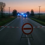 Służby ratunkowe i radiowóz policji na zablokowanej drodze krajowej