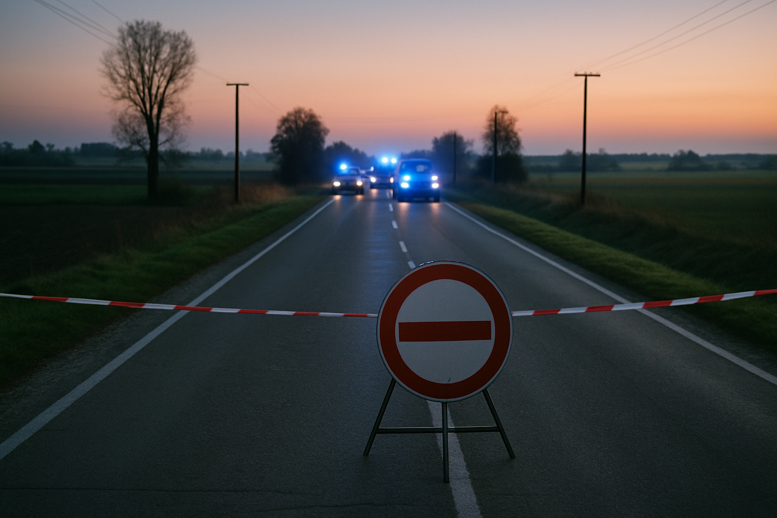 Służby ratunkowe i radiowóz policji na zablokowanej drodze krajowej