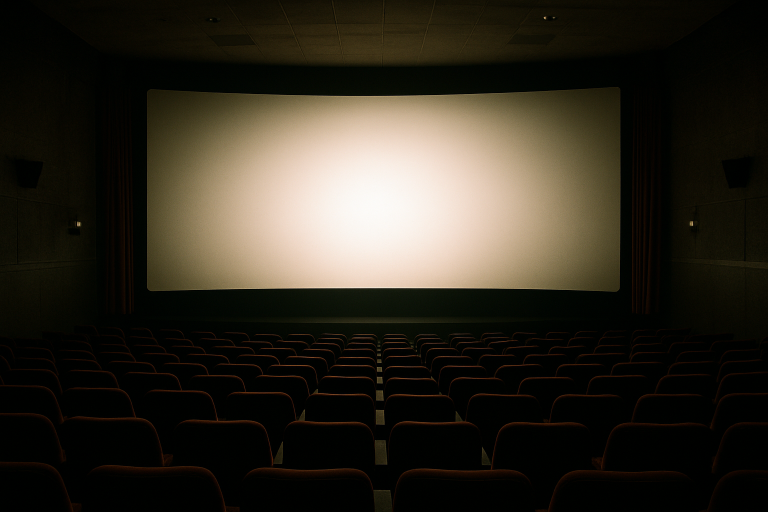 Pusta sala kinowa z wielkim ekranem przed seansem filmowym seansem