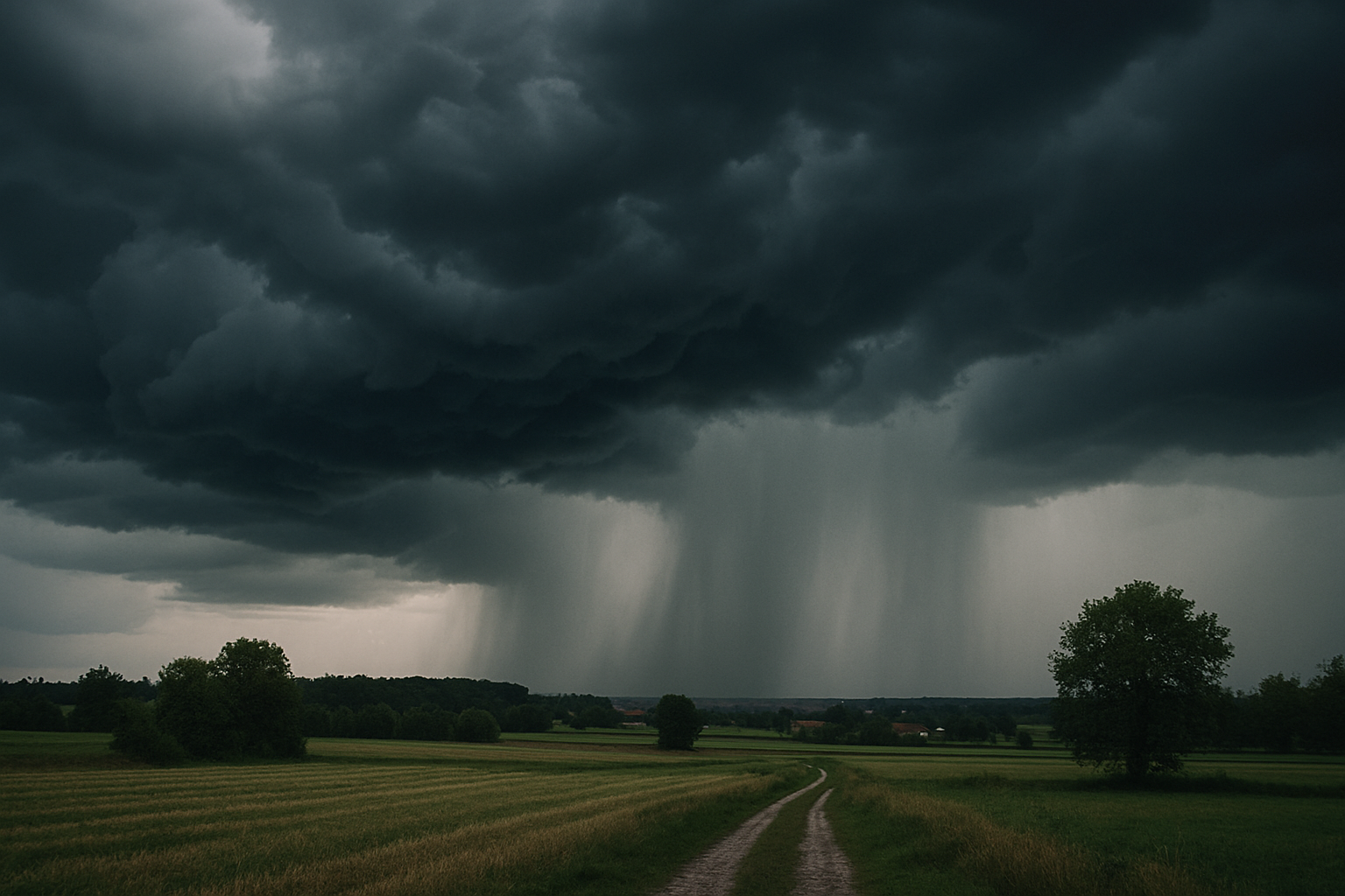 Chmury burzowe i nadchodząca ulewa nad polskim krajobrazem