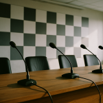 Pusta sala konferencyjna z mikrofonami we włoskim ośrodku treningowym
