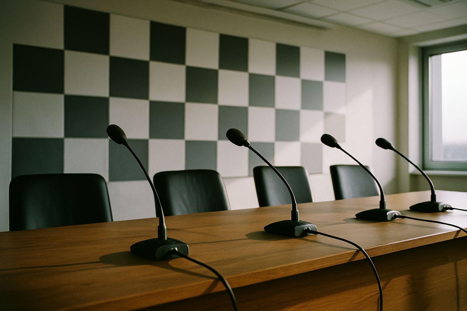 Pusta sala konferencyjna z mikrofonami we włoskim ośrodku treningowym