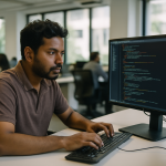 Programista pracujący w nowoczesnym biurze w Indiach