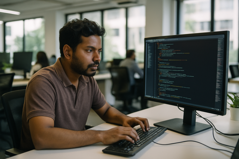 Programista pracujący w nowoczesnym biurze w Indiach