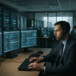 Nowoczesne centrum operacyjne cyberbezpieczeństwa z serwerami i monitorami