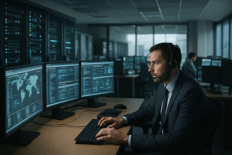 Nowoczesne centrum operacyjne cyberbezpieczeństwa z serwerami i monitorami