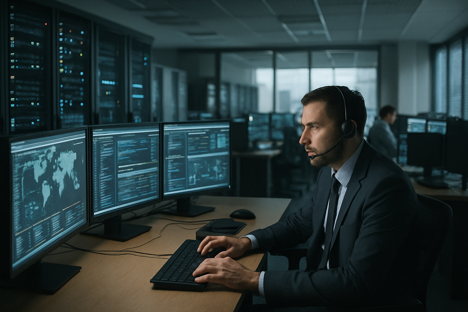 Nowoczesne centrum operacyjne cyberbezpieczeństwa z serwerami i monitorami