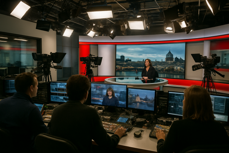 Nowoczesne studio telewizyjne nakierowane na transmisję na żywo