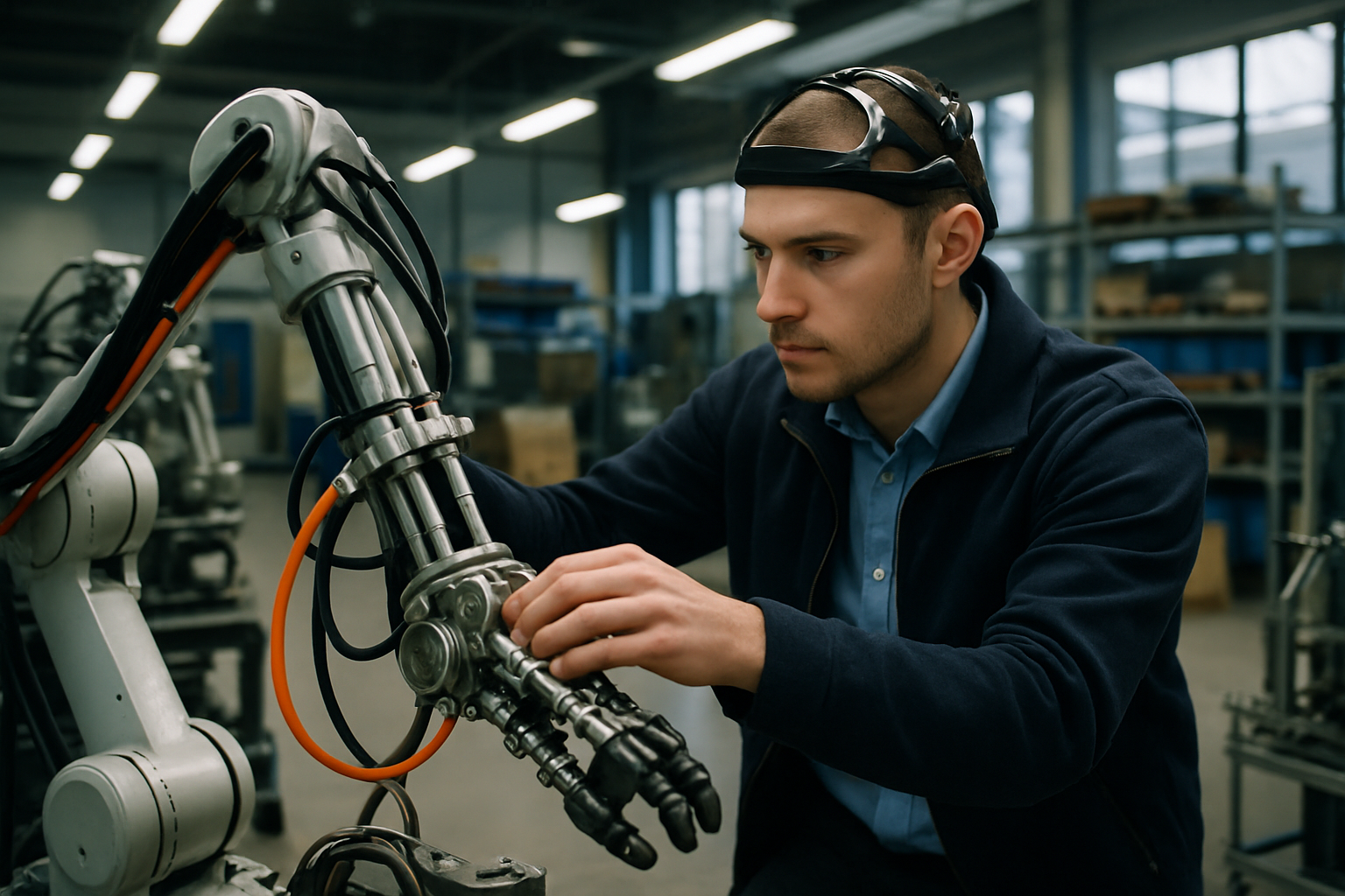 Trener robotów w zestawie do pomiaru fal mózgowych podczas zbierania danych dla AI