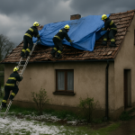 Strażacy zabezpieczający uszkodzony dach budynku po gwałtownym gradobiciu na Warmii