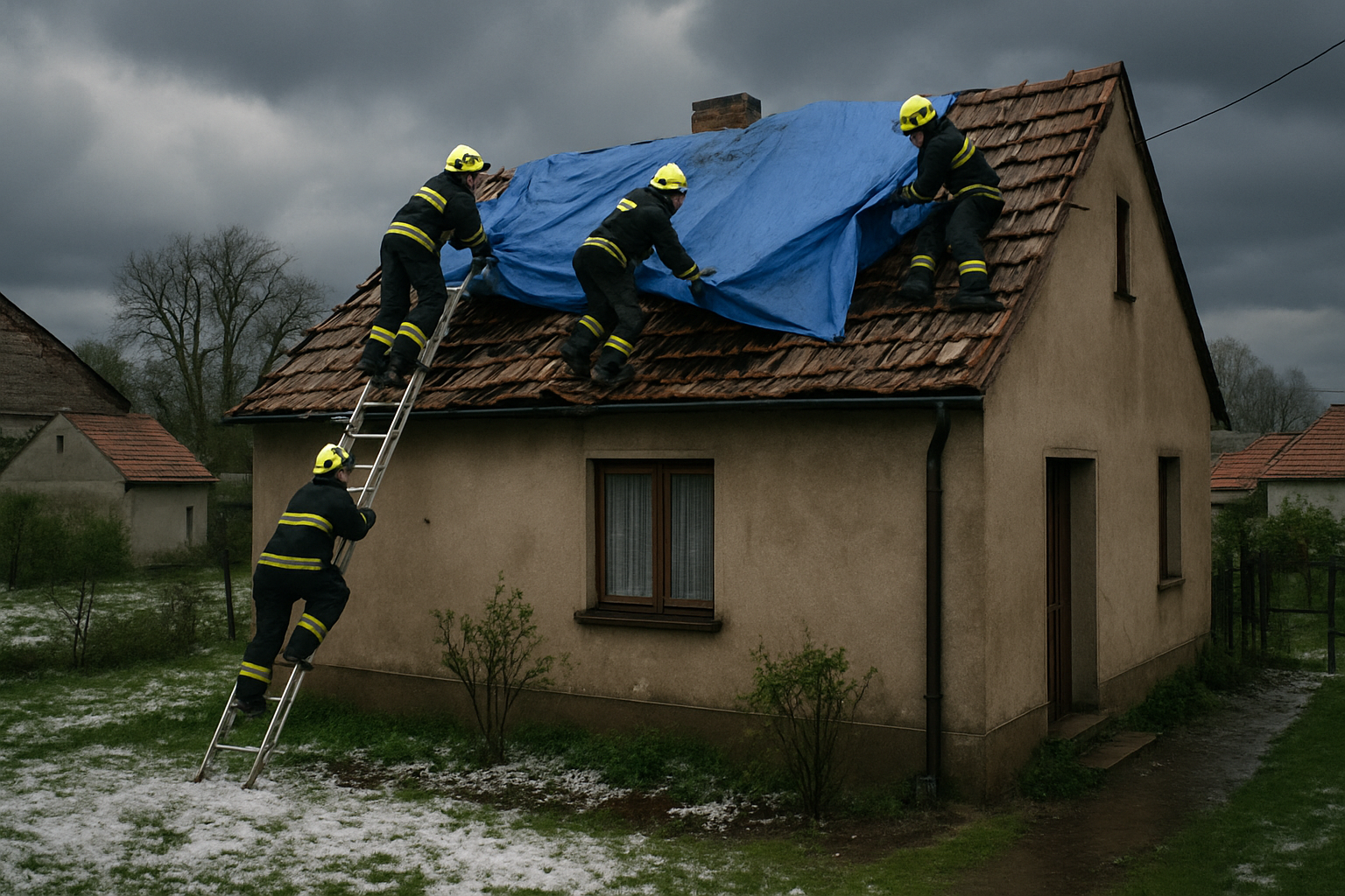 Strażacy zabezpieczający uszkodzony dach budynku po gwałtownym gradobiciu na Warmii