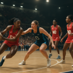 Mecz netballu podczas międzynarodowych zawodów w hali sportowej