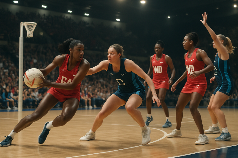 Mecz netballu podczas międzynarodowych zawodów w hali sportowej