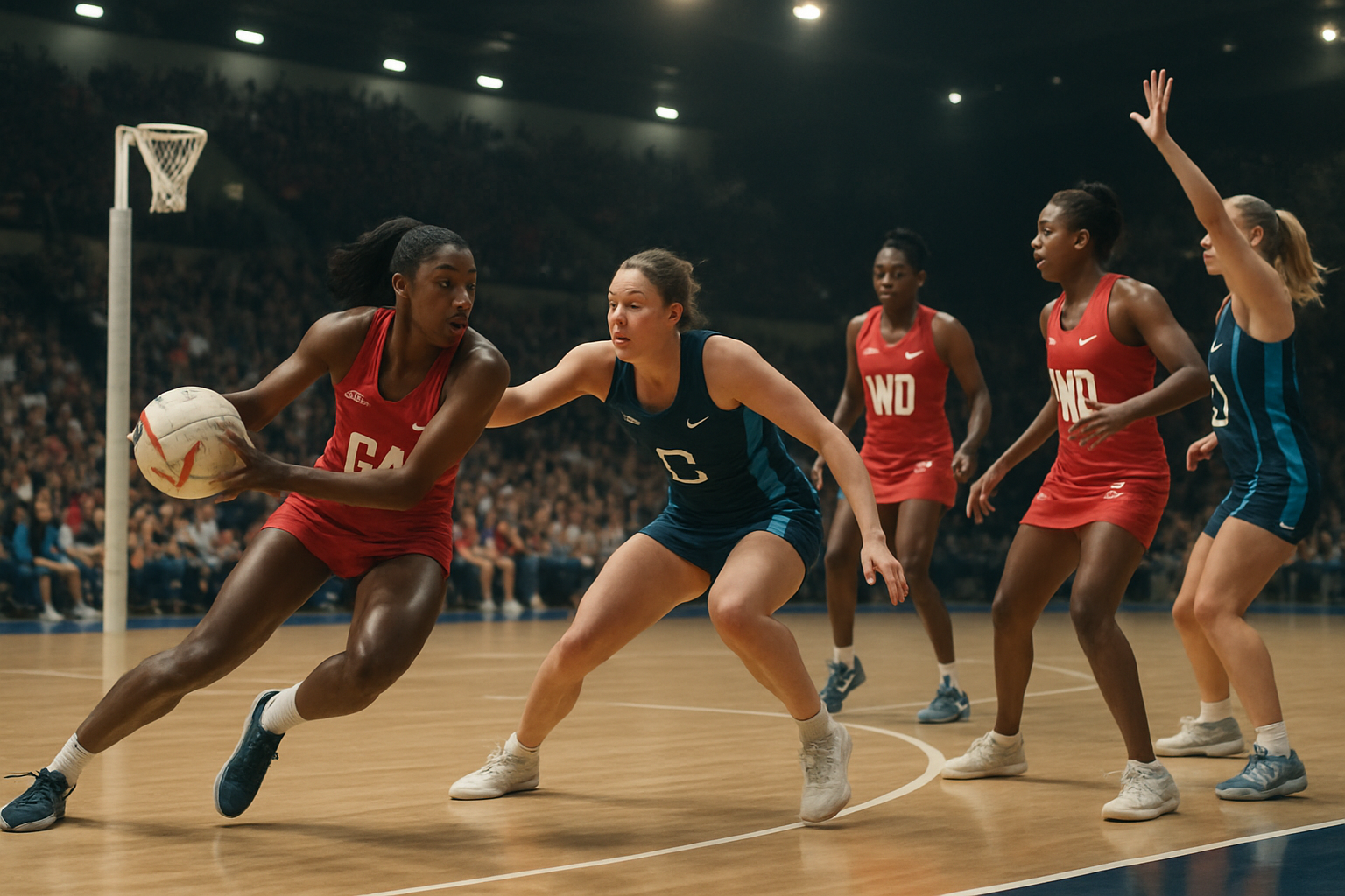 Mecz netballu podczas międzynarodowych zawodów w hali sportowej