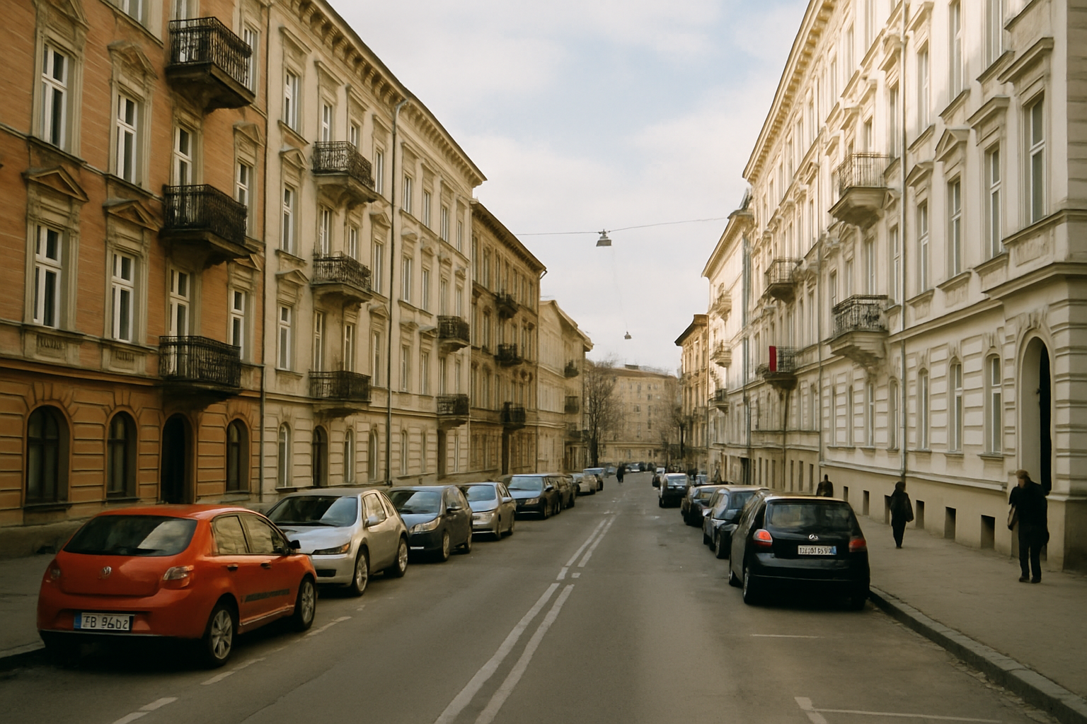 Odrestaurowana kamienica w polskim mieście, reprezentująca nieruchomości mieszkaniowe