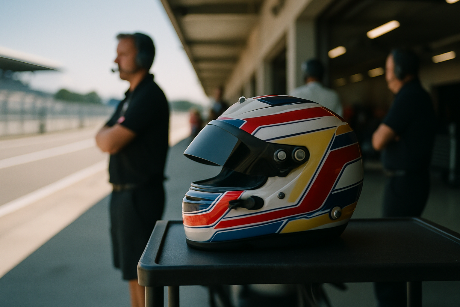 Kask kierowcy wyścigowego w alei serwisowej podczas wyścigu Formuły 1