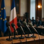 Pulpit z mikrofonami podczas konferencji prasowej dotyczącej decyzji politycznych