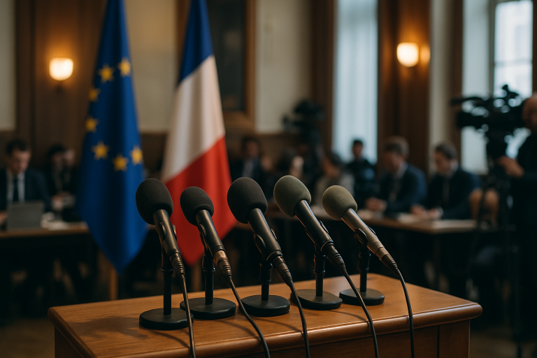 Pulpit z mikrofonami podczas konferencji prasowej dotyczącej decyzji politycznych