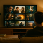 Osoba oglądająca treści streamingowe na ekranie smart TV w salonie