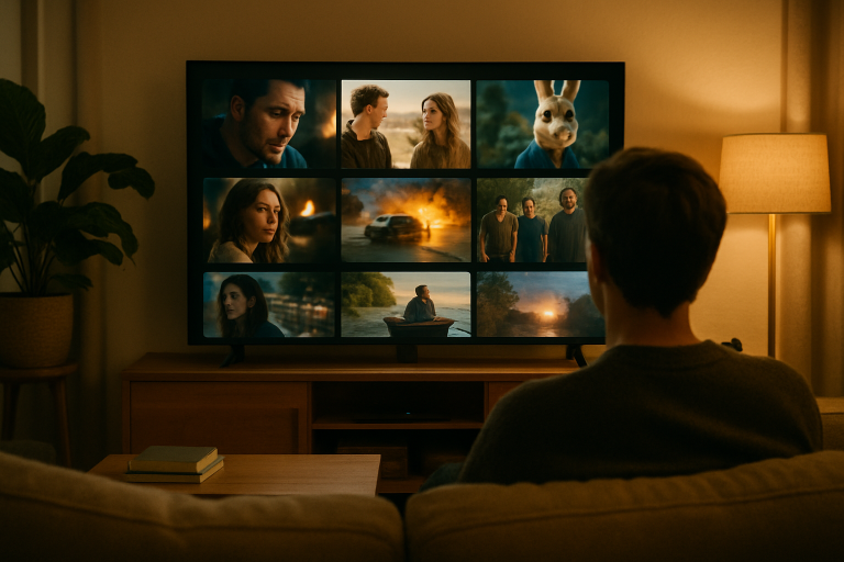 Osoba oglądająca treści streamingowe na ekranie smart TV w salonie
