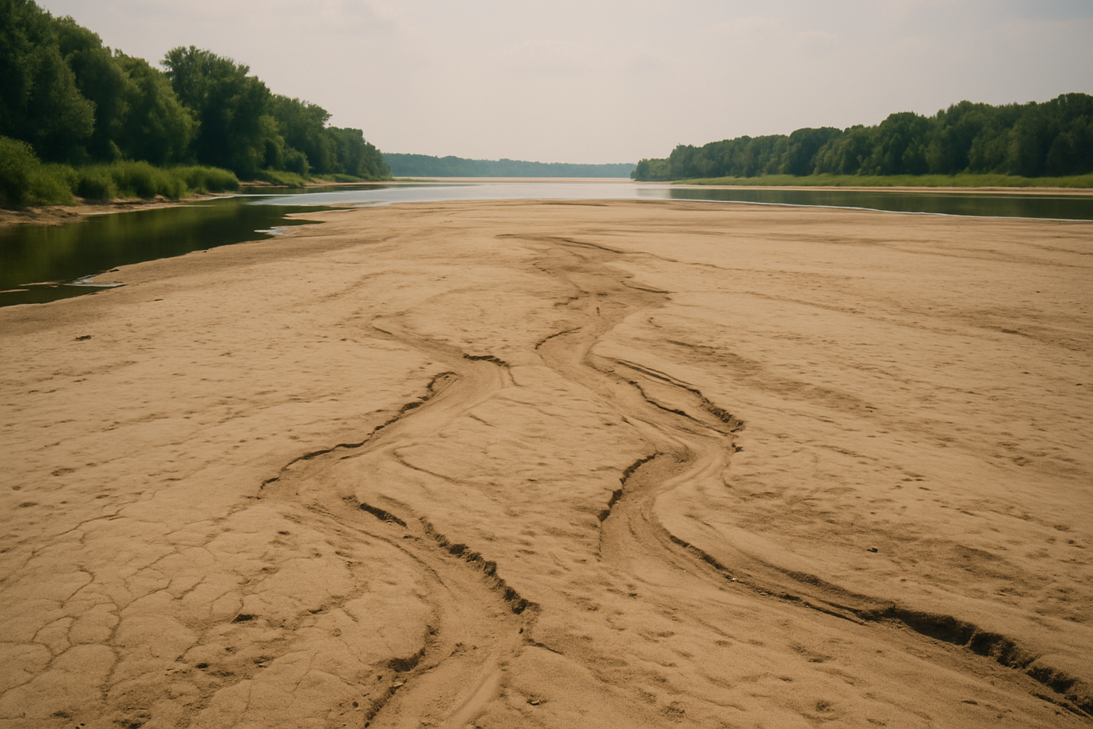 Wyschnięte koryto rzeki Wisły podczas suszy hydrologicznej
