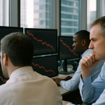 Analityk giełdowy obserwujący spadki wykresów akcji spółek technologicznych na monitorach.