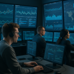 Analitycy cyberbezpieczeństwa pracujący w centrum operacji sieciowych przy monitorowaniu danych