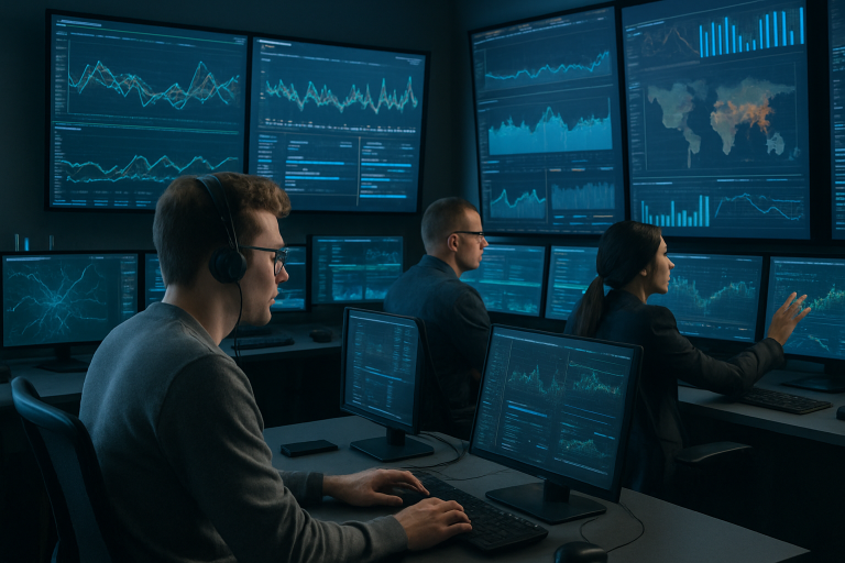Analitycy cyberbezpieczeństwa pracujący w centrum operacji sieciowych przy monitorowaniu danych